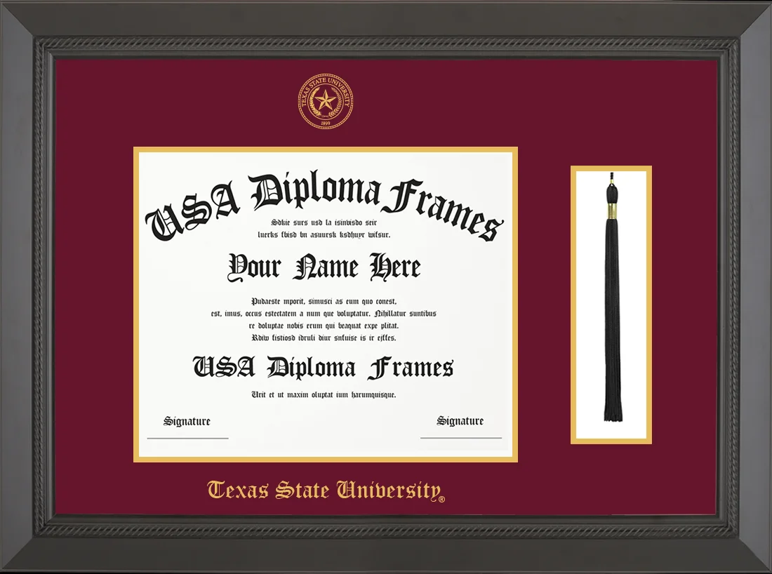 Single Tassel - Black Rope Moulding - Maroon Mat - Gold Accent Mat - Texas State University Embossing Diploma Frame