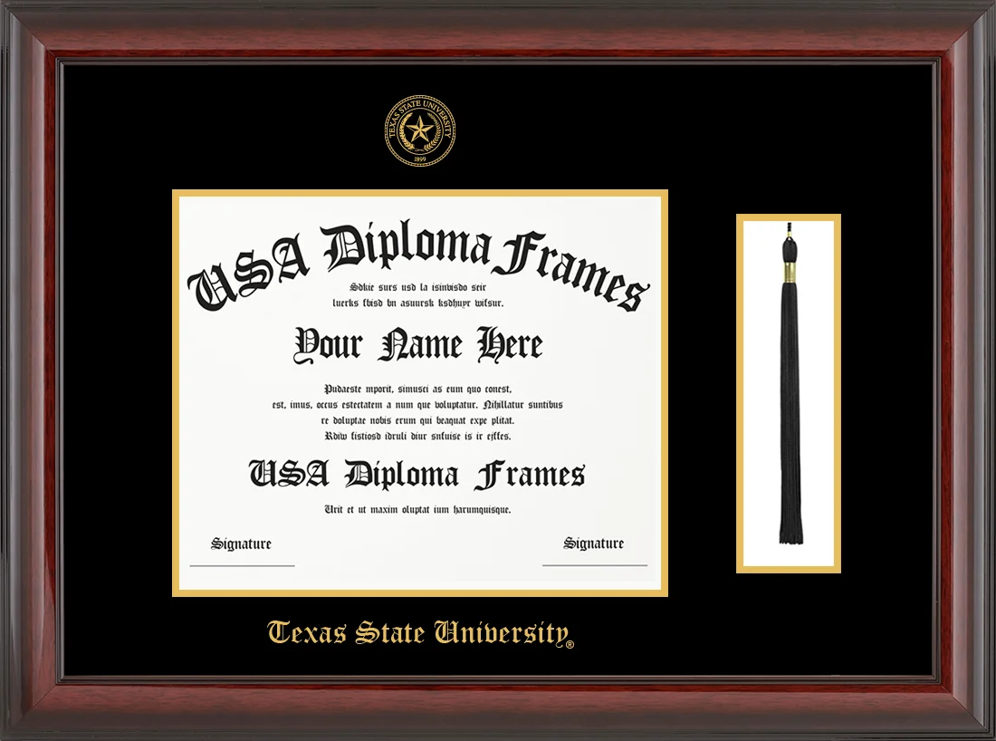 Single Tassel - Cherry Mahogany Glossy Moulding - Black Mat - Gold Accent Mat - Texas State University Embossing Diploma Frame