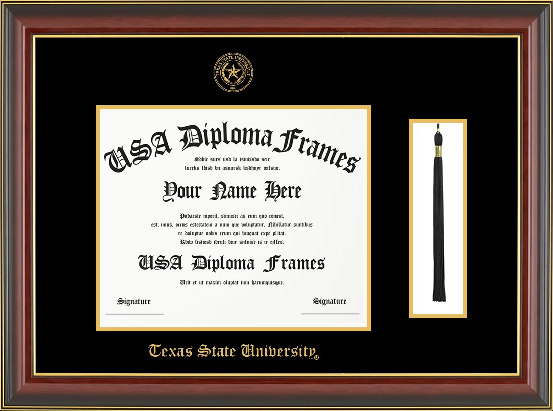 Single Tassel - Cherry Mahogany Gold Trim Glossy Moulding - Black Mat - Gold Accent Mat - Texas State University Embossing Diploma Frame