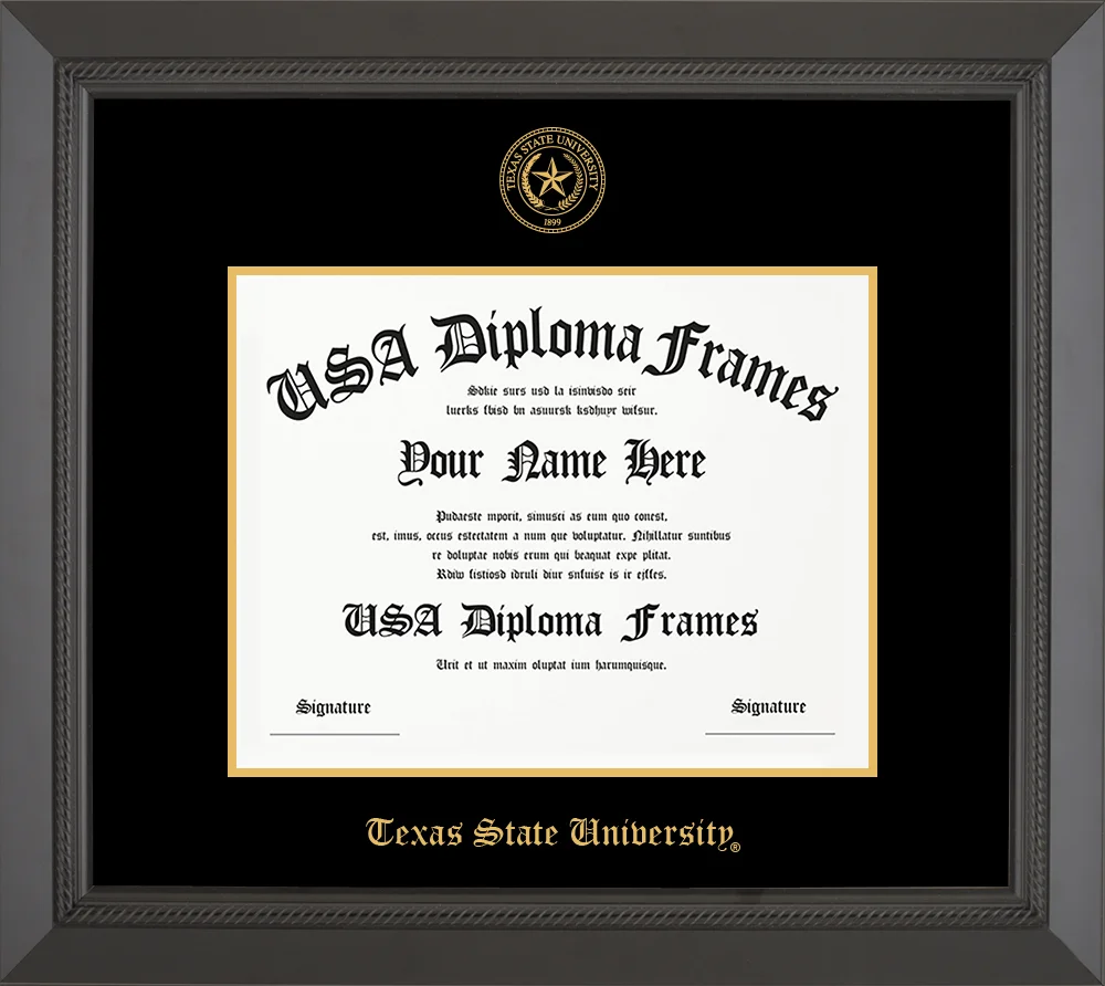 Single Horizontal - Black Rope Moulding - Black Mat - Gold Accent Mat - Texas State University Embossing Diploma Frame