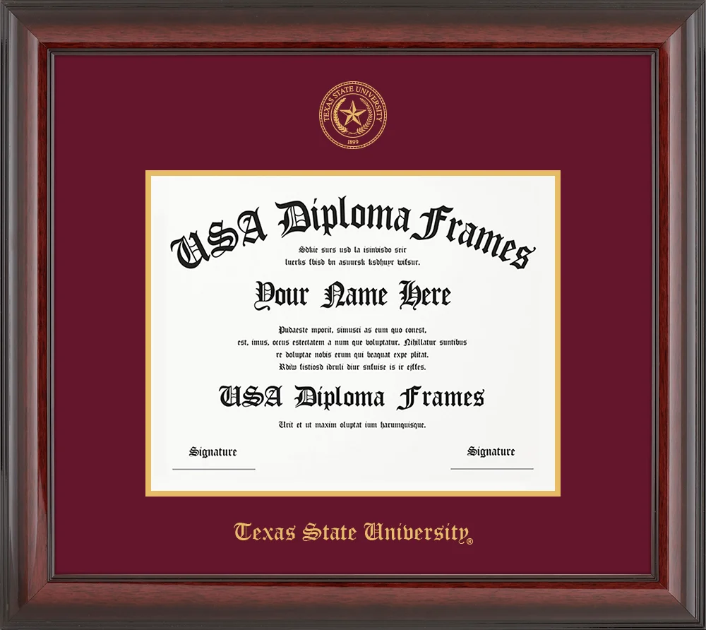 Single Horizontal - Cherry Mahogany Glossy Moulding - Maroon Mat - Gold Accent Mat - Texas State University Embossing Diploma Frame