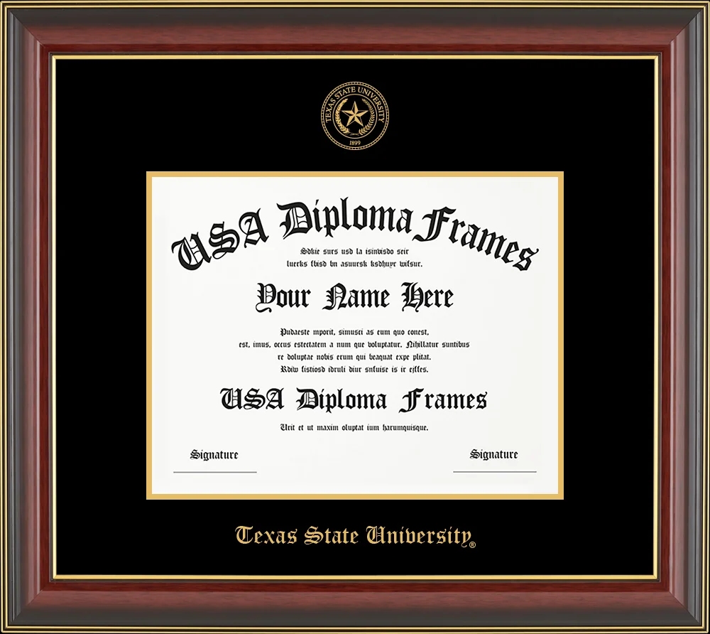 Single Horizontal - Cherry Mahogany Gold Trim Glossy Moulding - Black Mat - Gold Accent Mat - Texas State University Embossing Diploma Frame