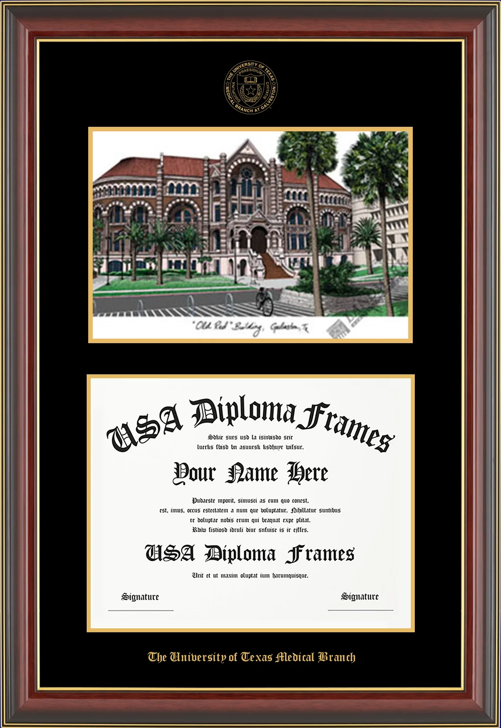 Lithograph - Cherry Mahogany Gold Trim Glossy Moulding - Black Mat - Gold Accent Mat - The University of Texas Medical Branch Embossing Diploma Frame