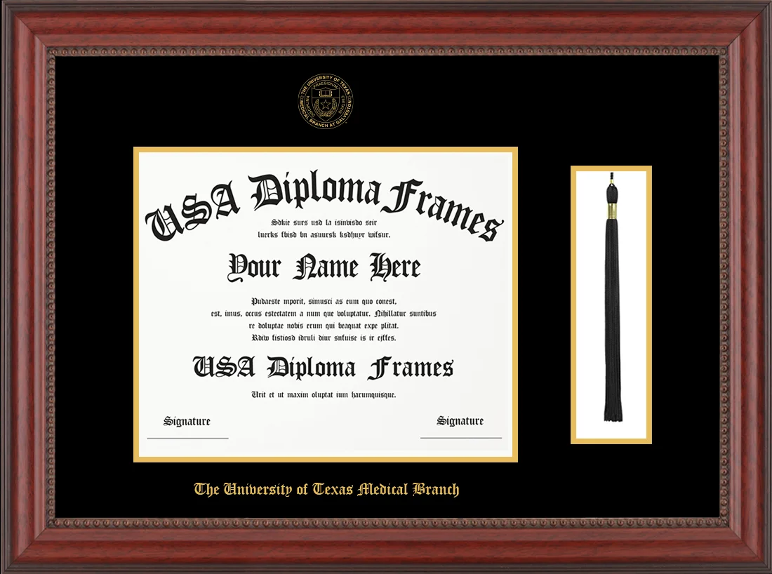 Single - Horizontal with Tassel - premium cherry Beaded Moulding - Black Mat - Gold Accent Mat - The University of Texas Medical Branch Embossing Diploma Frame