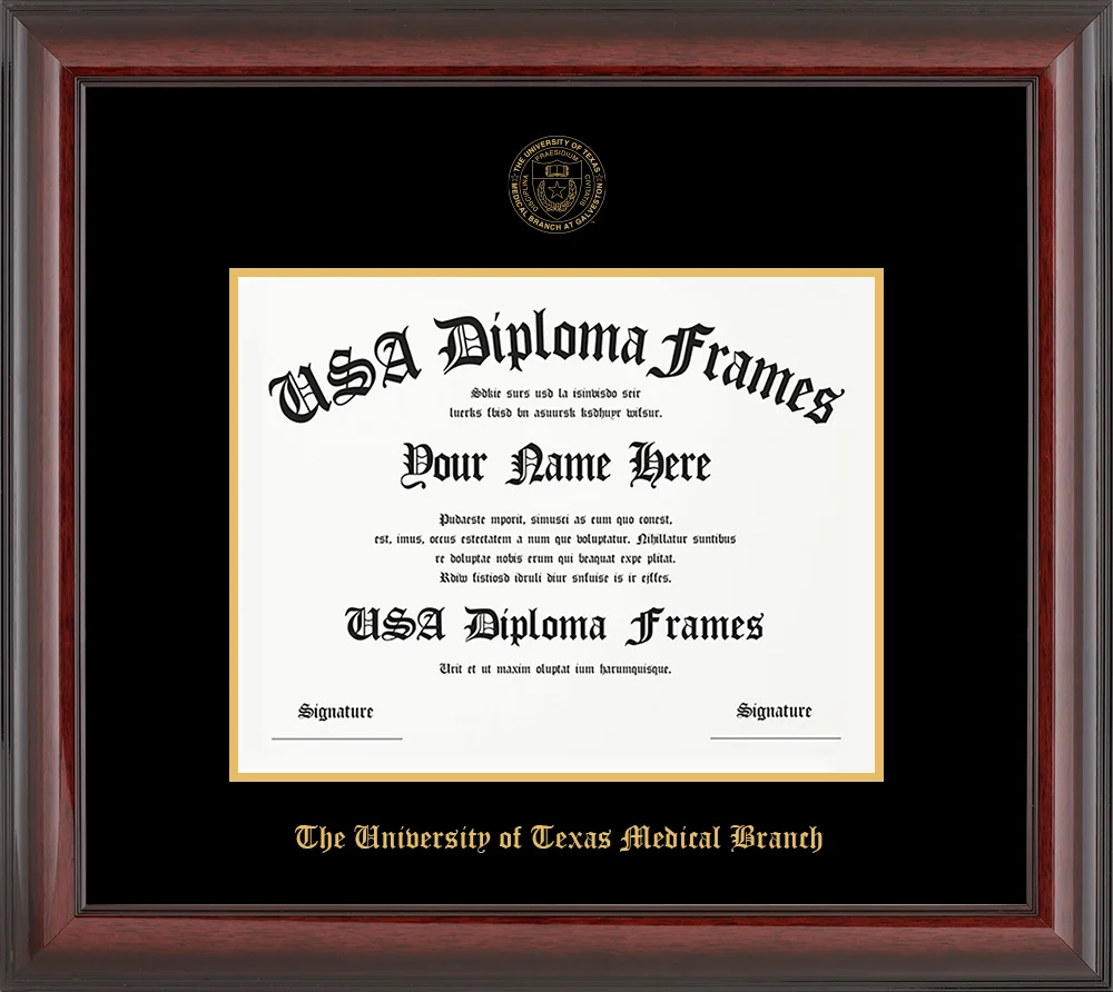 Single - Horizontal - Cherry Mahogany Glossy Moulding - Black Mat - Gold Accent Mat - The University of Texas Medical Branch Embossing Diploma Frame