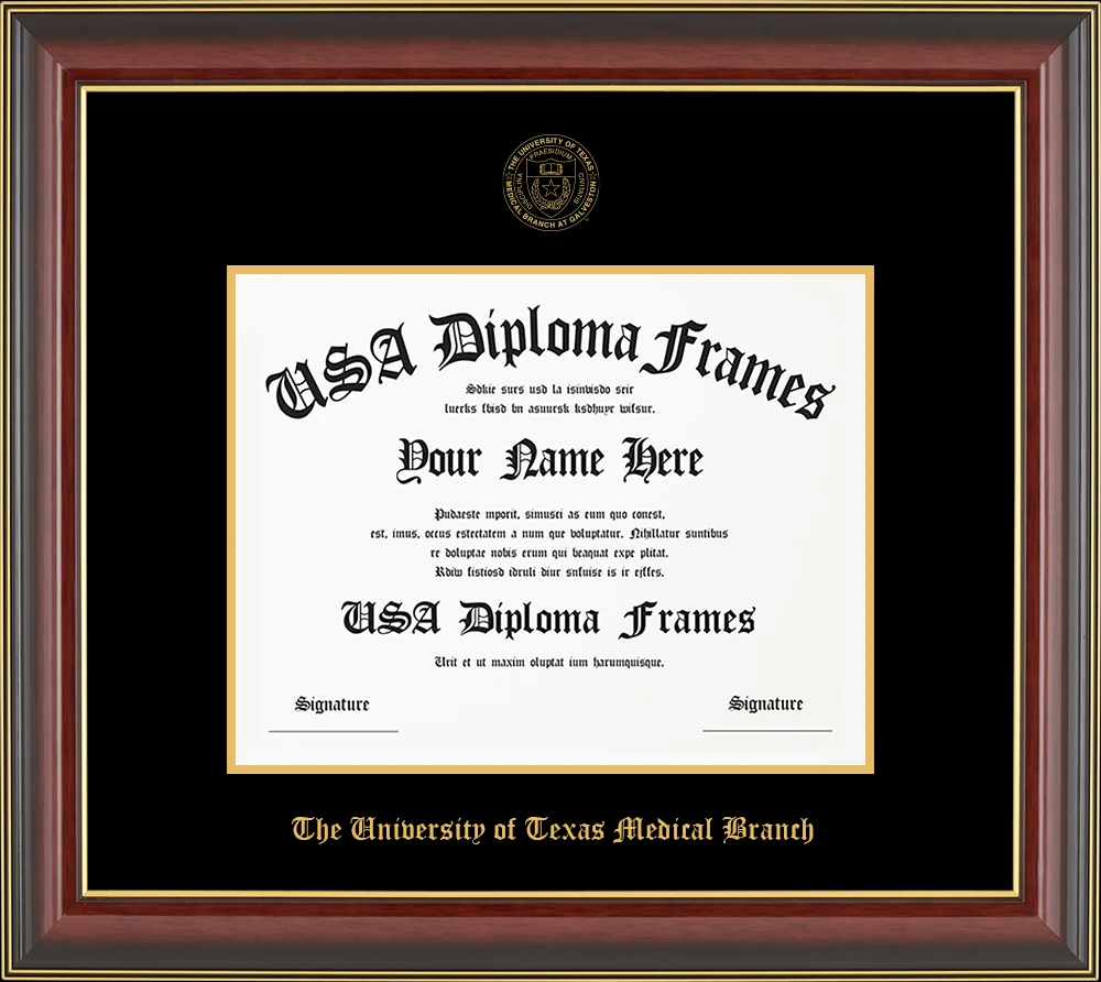 Single - Horizontal - Cherry Mahogany Gold Trim Glossy Moulding - Black Mat - Gold Accent Mat - The University of Texas Medical Branch Embossing Diploma Frame