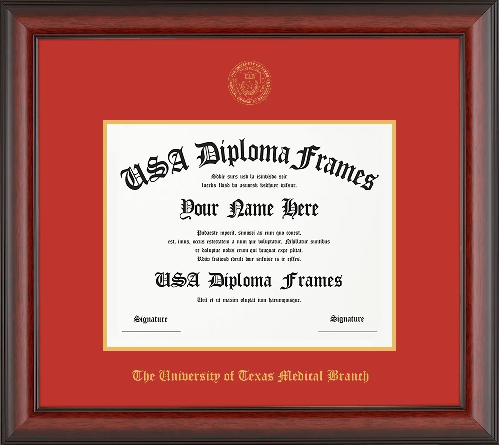 Single - Horizontal - Cherry Mahogany Matte Moulding - Orange Mat - Gold Accent Mat - The University of Texas Medical Branch Embossing Diploma Frame