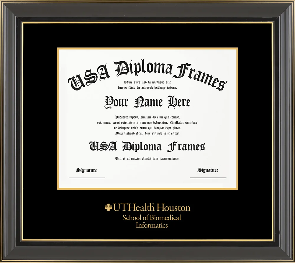 Single - Horizontal Document - Black Gold Trim Glossy Moulding - Black Mat - Metallic Gold Accent Mat - Gold Embossing Diploma Frame