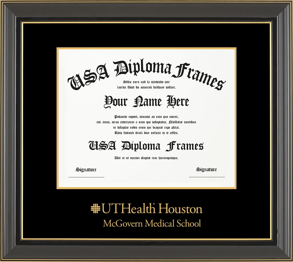 Single - Horizontal Document - Black Gold Trim Glossy Moulding - Black Mat - Metallic Gold Accent Mat - Gold Embossing Diploma Frame