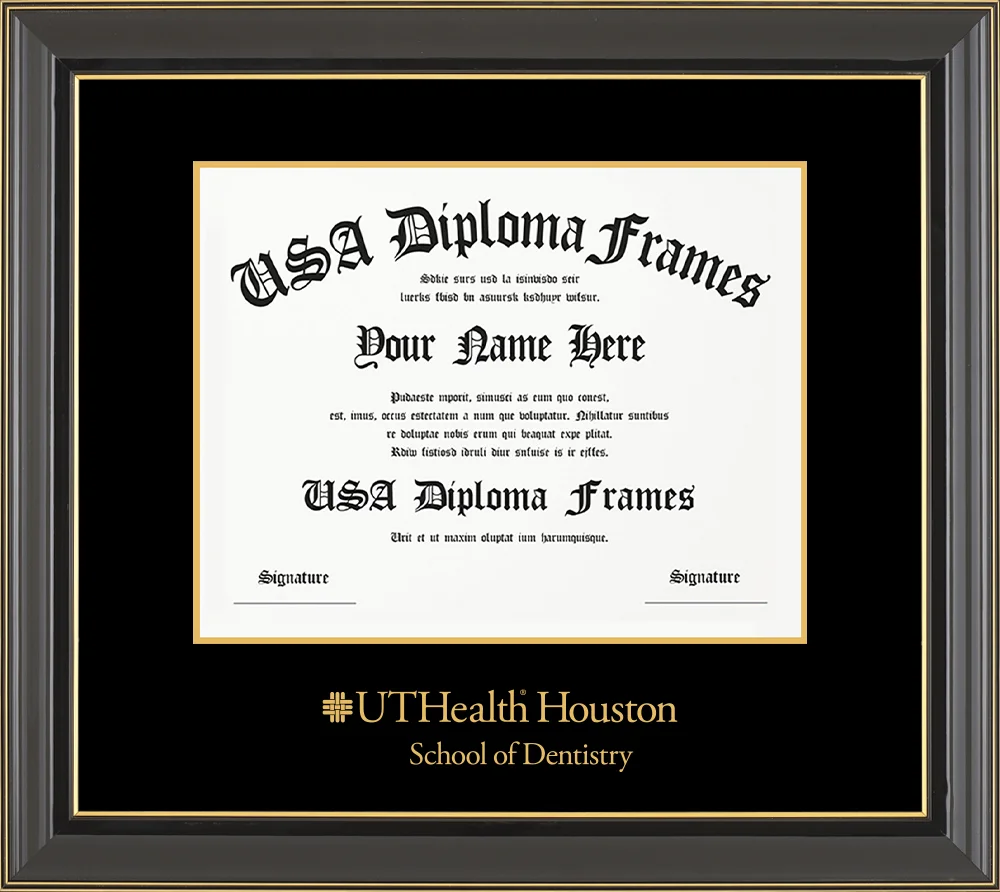 Single - Horizontal Document - Black Gold Trim Glossy Moulding - Black Mat - Metallic Gold Accent Mat - Gold Embossing Diploma Frame