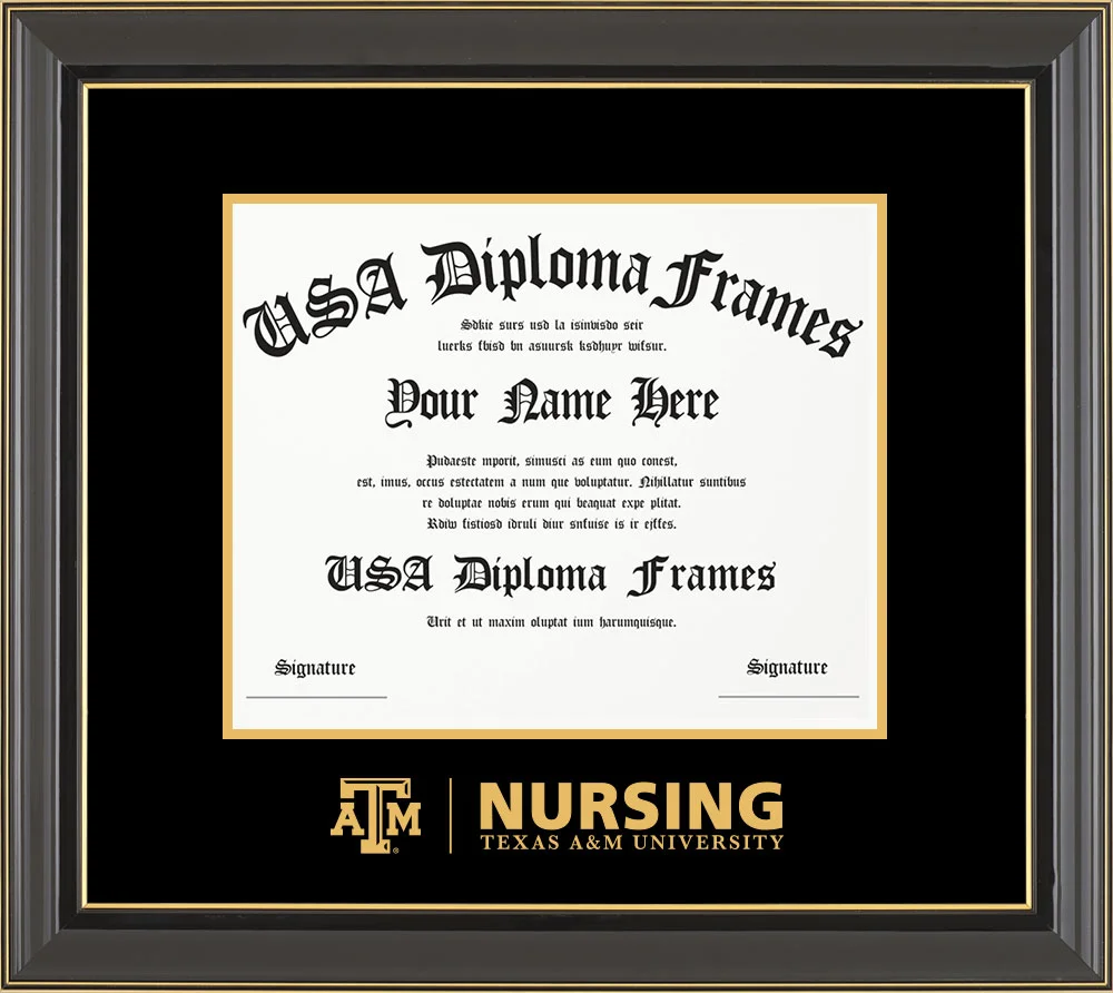 Single - Horizontal Document - Black Gold Trim Glossy Moulding - Black Mat - Metallic Gold Accent Mat - Gold Embossing Diploma Frame