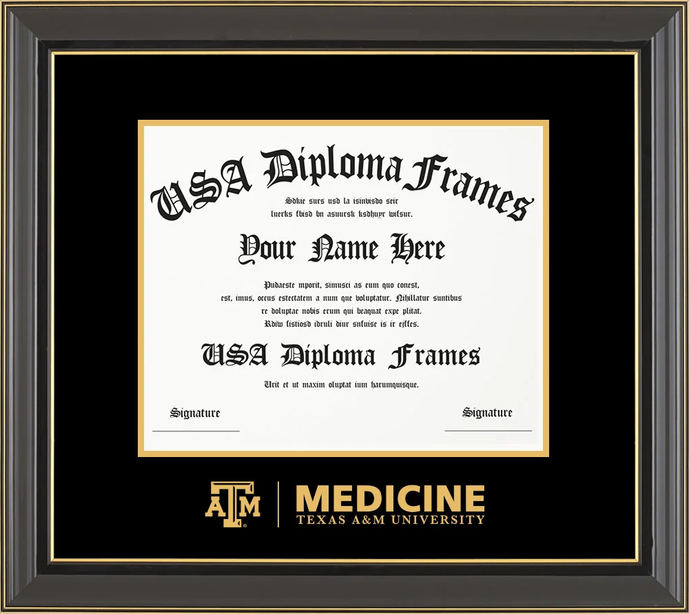 Single - Horizontal Document - Black Gold Trim Glossy Moulding - Black Mat - Metallic Gold Accent Mat - Gold Embossing Diploma Frame