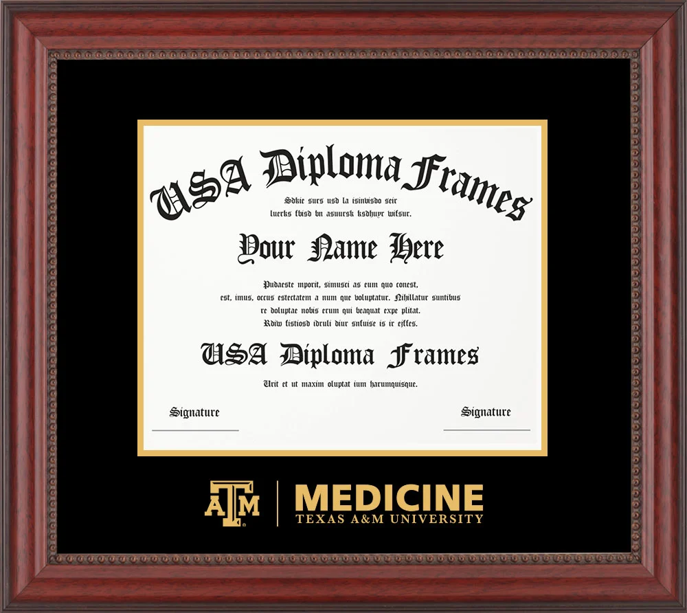 Single - Horizontal Document - Premium Cherry Beaded Moulding - Black Mat - Metallic Gold Accent Mat - Gold Embossing Diploma Frame