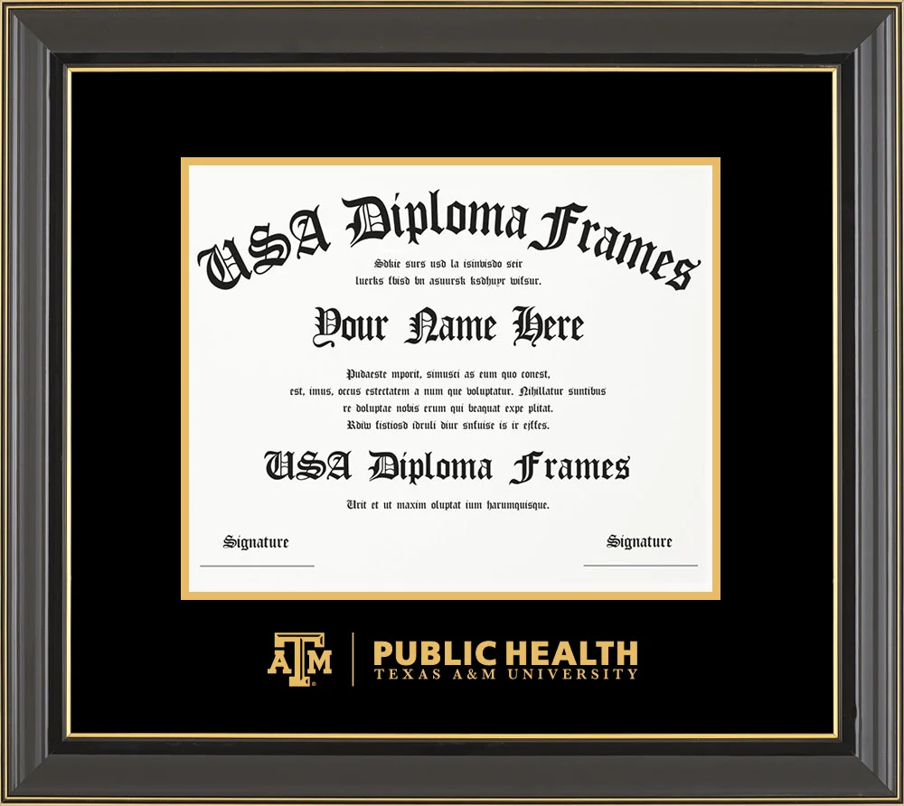 Single - Horizontal Document - Black Gold Trim Glossy Moulding - Black Mat - Metallic Gold Accent Mat - Gold Embossing Diploma Frame