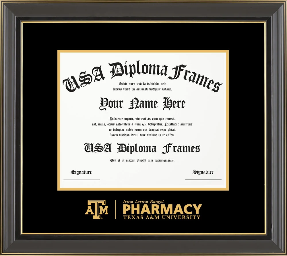 Single - Horizontal Document - Black Gold Trim Glossy Moulding - Black Mat - Metallic Gold Accent Mat - Gold Embossing Diploma Frame