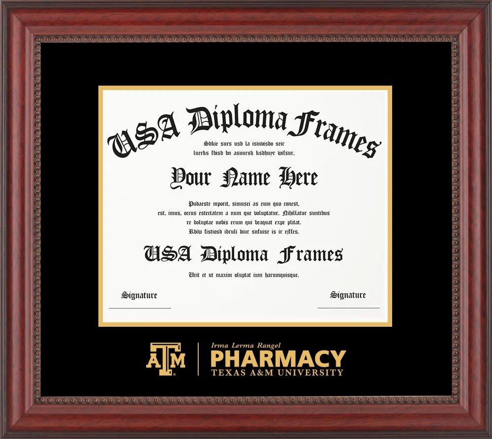 Single - Horizontal Document - Premium Cherry Beaded Moulding - Black Mat - Metallic Gold Accent Mat - Gold Embossing Diploma Frame