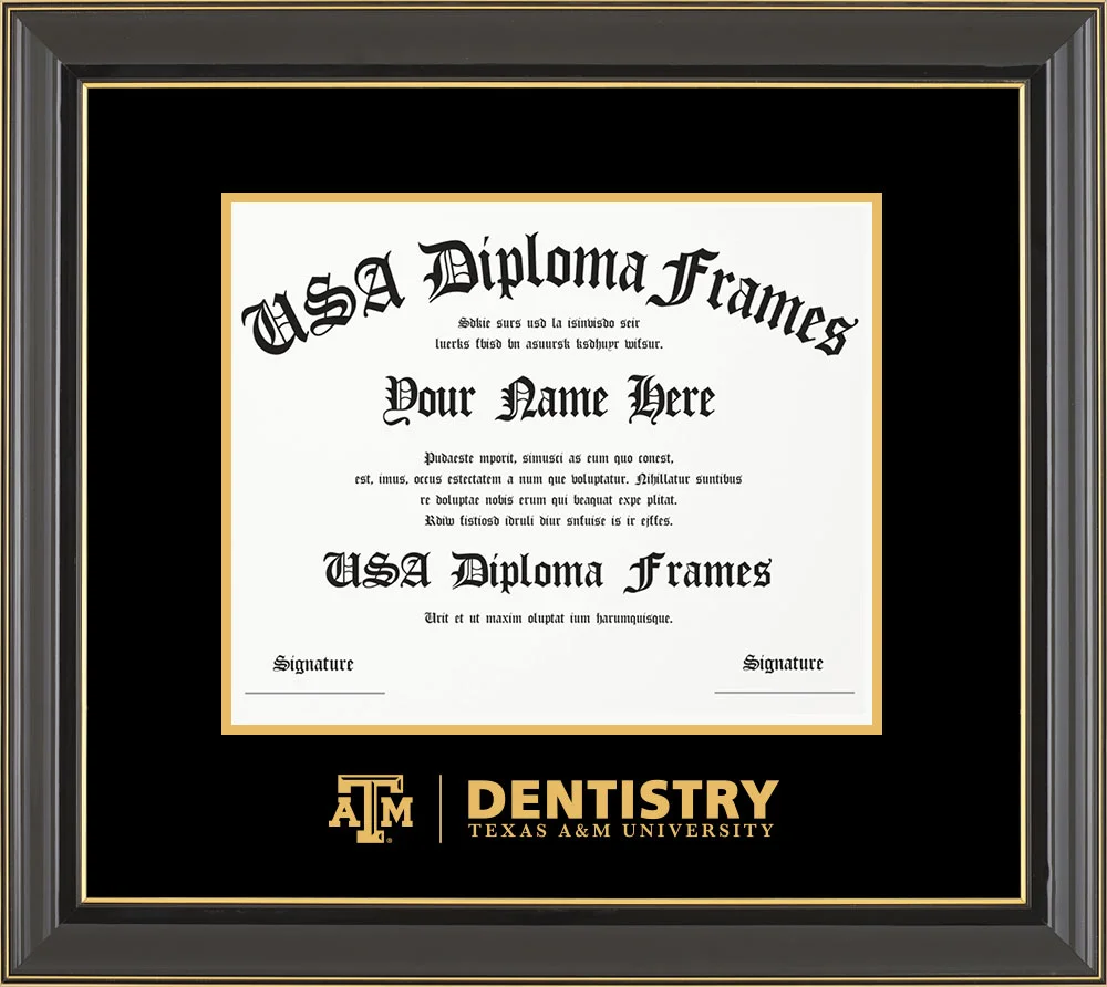 Single - Horizontal Document - Black Gold Trim Glossy Moulding - Black Mat - Metallic Gold Accent Mat - Gold Embossing Diploma Frame