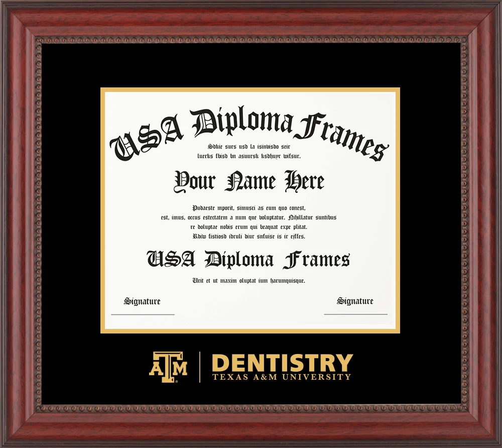 Single - Horizontal Document - Premium Cherry Beadeded Moulding - Black Mat - Metallic Gold Accent Mat - Gold Embossing Diploma Frame