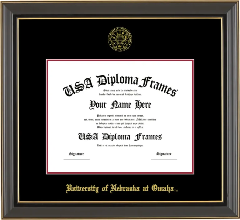 UNOMAHA Diploma Frame – Black Gold Trim – Black/Crimson Mat