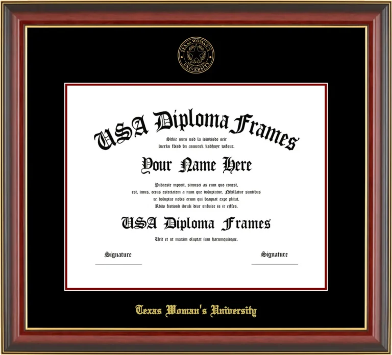 Texas Woman’s University Diploma Frame – Cherry Gold Trim – Black Mat