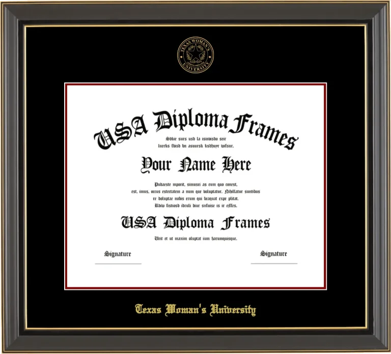 Texas Woman’s University Diploma Frame – Black Gold Trim – Black Mat