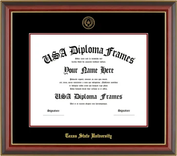 Texas State University Diploma Frame – Cherry Gold Trim – Black Mat