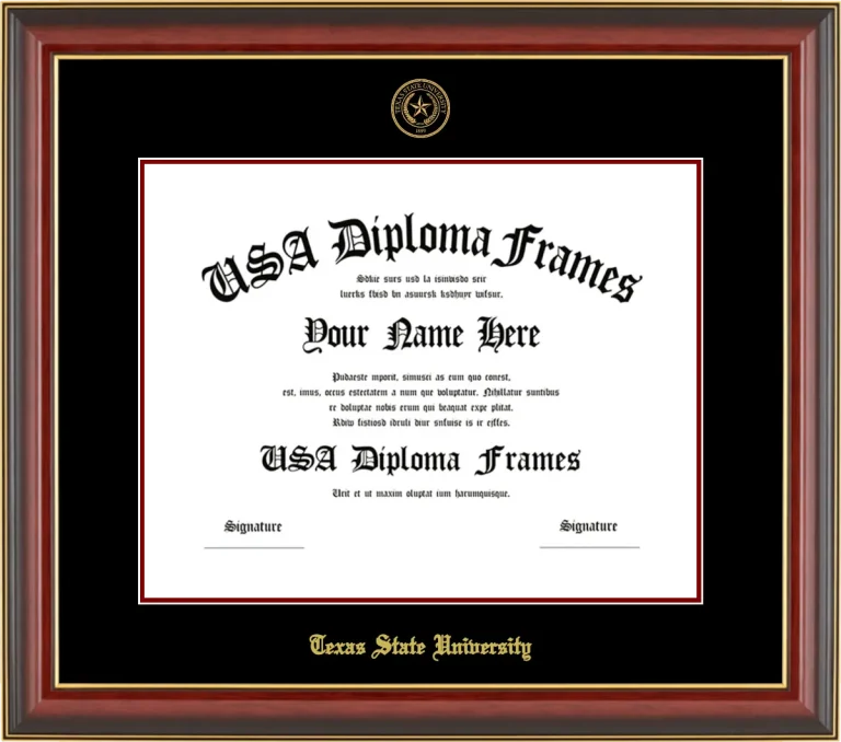 Texas State University Diploma Frame – Cherry Gold Trim – Black Mat