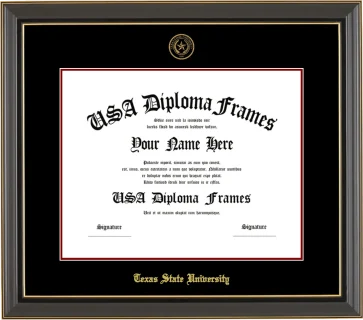 Texas State University Diploma Frame – Black Gold Trim – Black Mat
