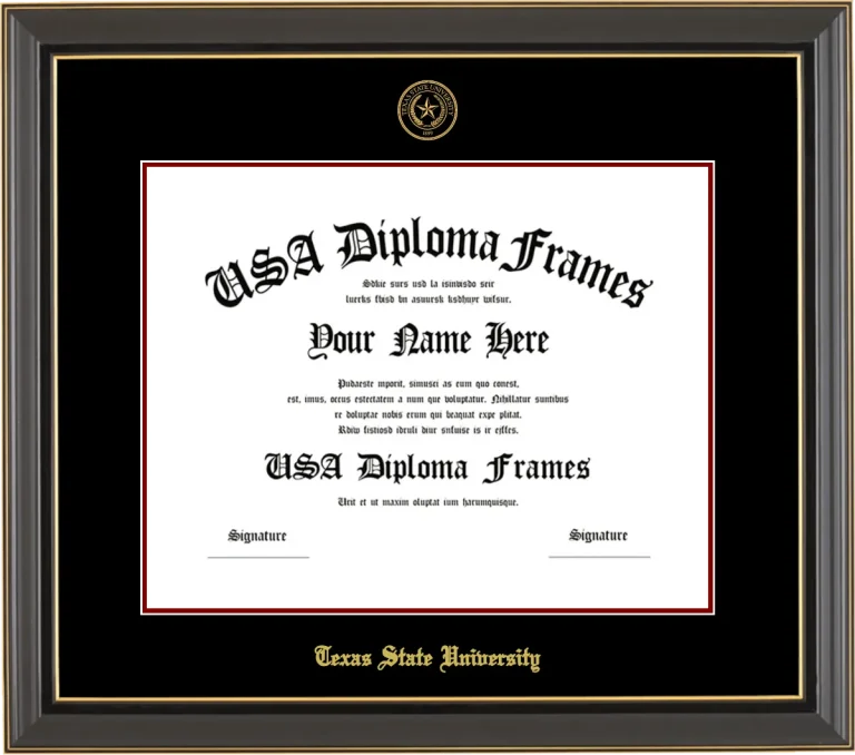 Texas State University Diploma Frame – Black Gold Trim – Black Mat