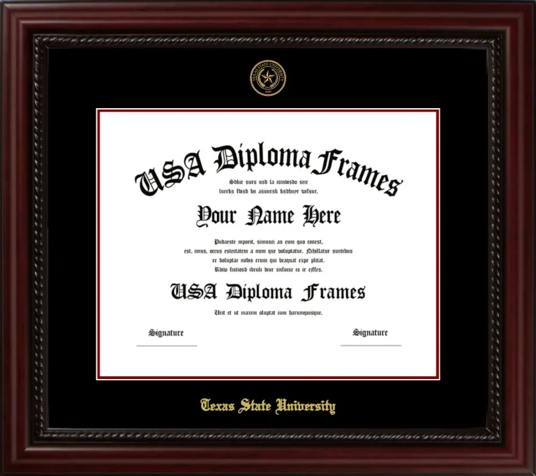 Texas State University Diploma Frame – Cherry Rope – Black/Maroon Mat