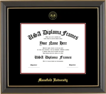Mansfield University Diploma Frame – Black Gold Trim – Black/Maroon Mat