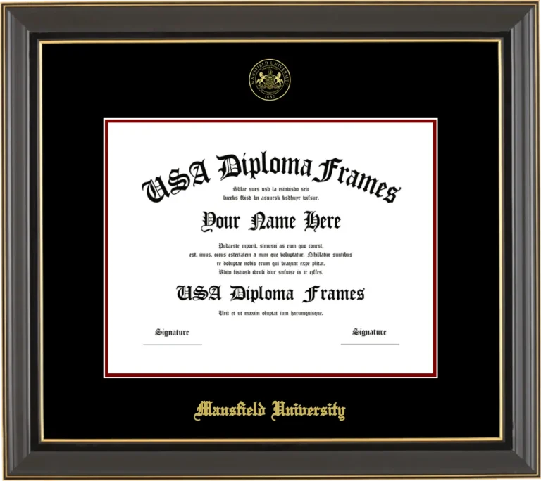 Mansfield University Diploma Frame – Black Gold Trim – Black/Maroon Mat