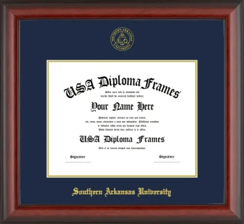 Southern Arkansas University Diploma Frame – Cherry Matte – Navy/Gold Mat