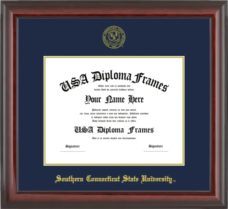 Southern Connecticut State University Diploma Frame – Cherry Glossy – Navy/Gold Mat