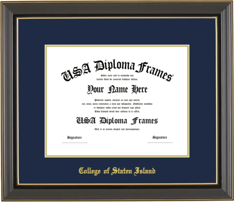 College of Staten Island of the City University of New York Diploma Frame – Black Gold Trim – Navy/Gold Mat