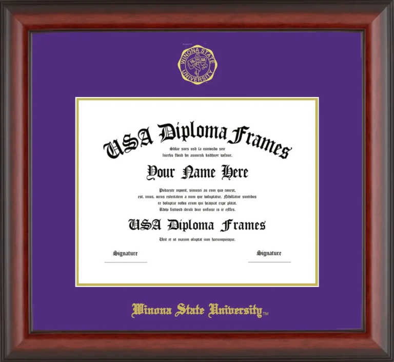 Winona State University Diploma Frame – Cherry Matte – Purple/Gold Mat
