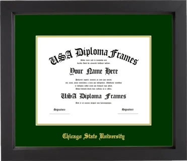 Chicago State University Diploma Frame – Black Matte – Winter Green/Gold Mat