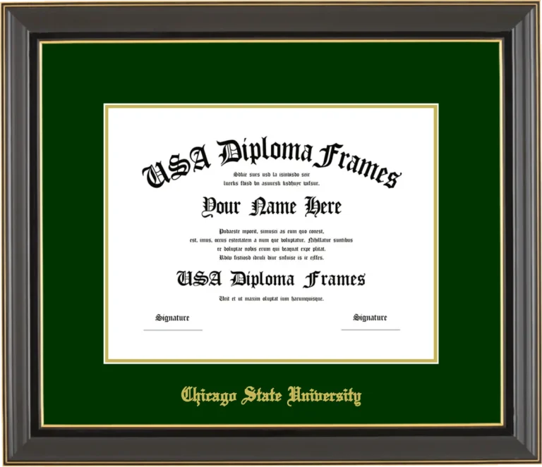 Chicago State University Diploma Frame – Black Gold Trim – Winter Green Mat