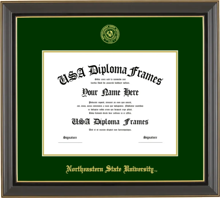 Northeastern State University Bachelors Frame – Black Gold Trim – Winter Green Mat