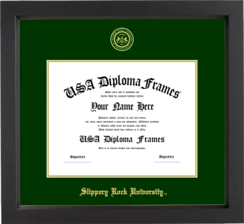 Slippery Rock University Diploma Frame – Black Matte – Winter Green/Gold Mat