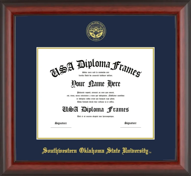 Southwestern Oklahoma State University Diploma Frame – Cherry Matte – Navy/Gold Mat