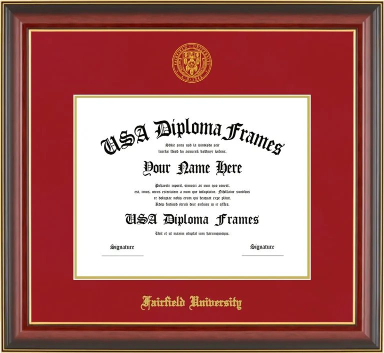 Fairfield University Diploma Frame – Cherry Gold Trim – Crimson Mat