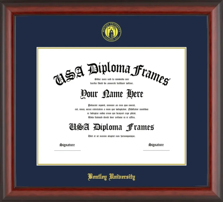 Bentley University Diploma Frame – Cherry Matte – Navy/Gold Mat