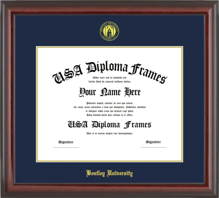 Bentley University Diploma Frame – Cherry Glossy – Navy/Gold Mat