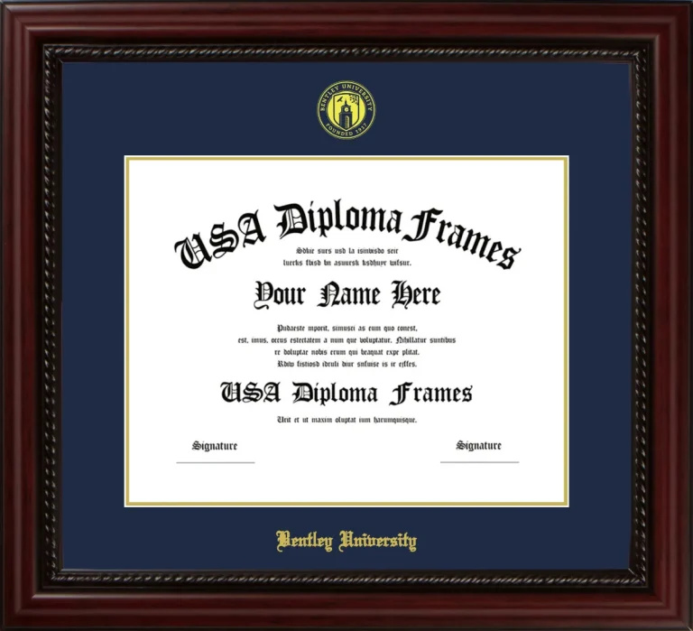Bentley University Diploma Frame – Cherry Rope – Navy/Gold Mat