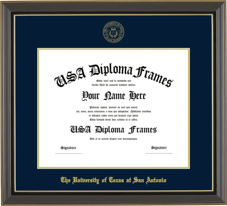 The University of Texas at San Antonio Diploma Frame – Black Gold Trim – Navy/Gold Mat