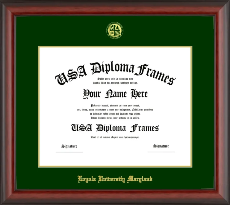 Loyola University Maryland Diploma Frame – Cherry Matte – Winter Green/Gold Mat