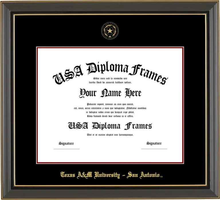 Texas A&M University – San Antonio Diploma Frame – Black Gold Trim – Black/Maroon Mat