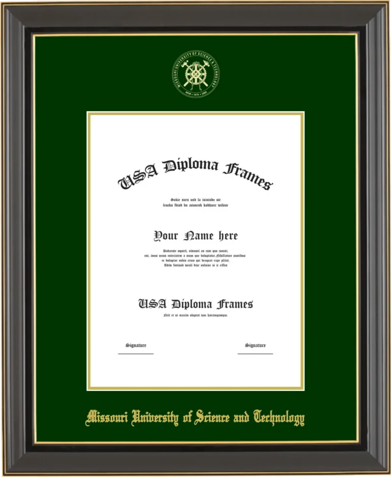 Missouri University of Science and Technology Diploma Frame – Black Gold Trim – Winter Green/Gold Mat