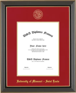 University of Missouri – Saint Louis Diploma Frame – Black Gold Trim – Crimson/Gold Mat